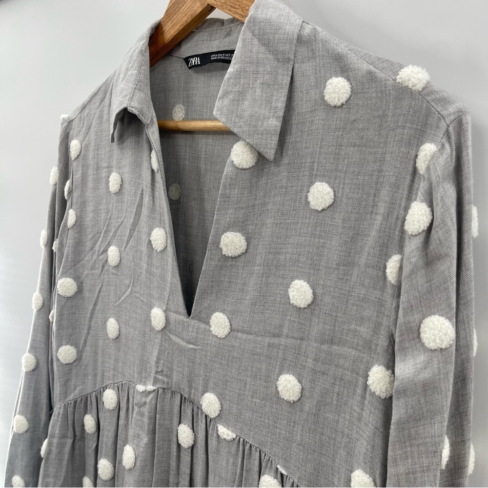 Zara Pom Polka Dot Babydoll Mini Contrast Dress Gray White Shirt Size Medium - Picture 6 of 15